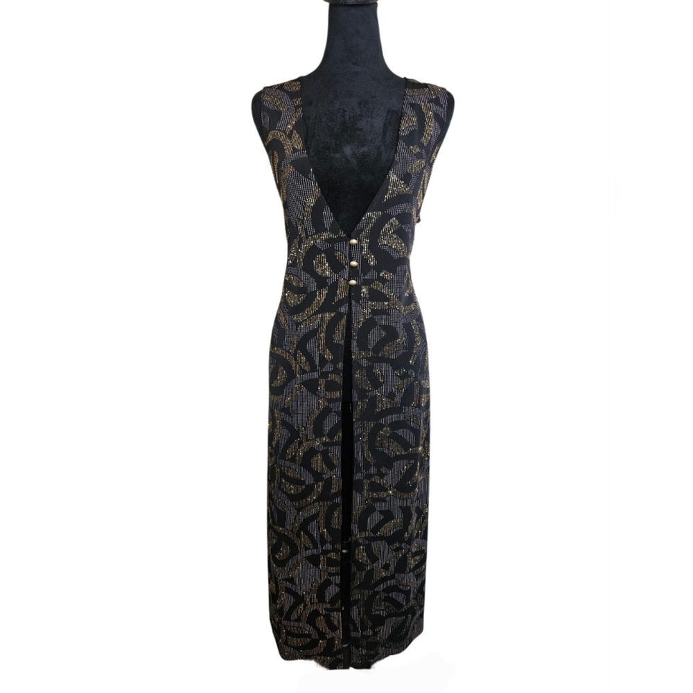 Vintage 90's Midnight Velvet Black & Gold Glitter Abstract Evening Duster Size L